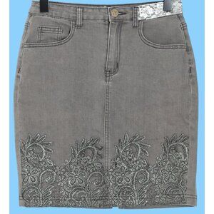 RARE DESIGUAL Grey Denim Sequined and Embroidered Skirt Size 30